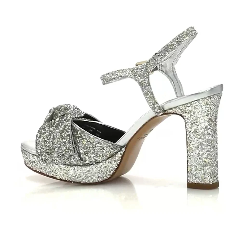 Kate Spade Miya Silver Glitter Bow Ankle Wrap Open Toe Platform Sandal Heel 7.5